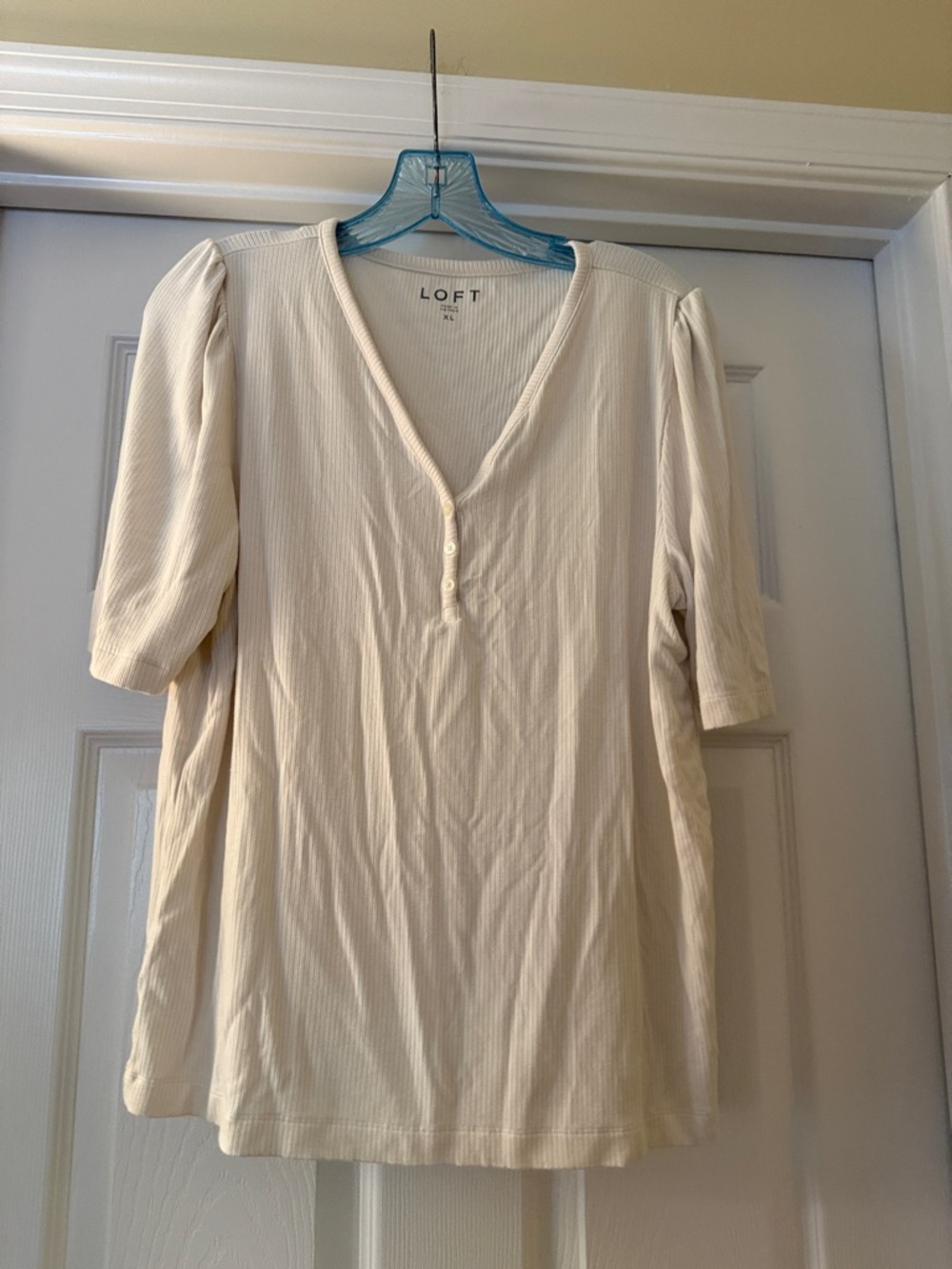 LOFT Cream Ribbed V-Neck Button-Detail Short Sleeve Top